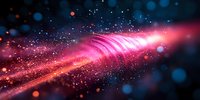 Glowing pink and blue particle wave with light effects and bokeh on dark background, abstract dynamic motion design for technology concepts.