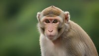 Young macaque monkey portrait with soft brown fur and expressive eyes against blurred green natural background for wildlife and nature projects.