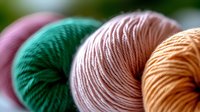 Colorful yarn balls in pink, emerald green, blush pink and orange arranged in row showing texture and threads. Close up macro photography for crafting and knitting.