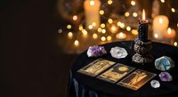 Mystical tarot cards spread on dark table with crystals, candle and warm bokeh lights creating magical fortune telling atmosphere for spiritual guidance.