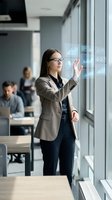 Professional businesswoman interacting with futuristic holographic interface in modern office environment for technology and innovation presentations.
