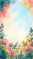 Watercolor floral frame with pink, yellow, and blue washes, botanical leaves and flowers on transparent background, ready for greeting cards, invitations, and design projects.