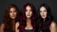 Three diverse young women with long wavy hair in brown, burgundy and black colors posing together against dark background for beauty portrait.