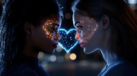 Romantic couple in profile with glowing heart light effect between them, African American and Caucasian women facing each other in intimate moment against dark background.