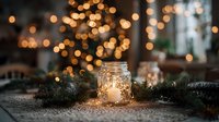 Glowing mason jar candle surrounded by pine branches on rustic table with festive bokeh lights in background creating cozy holiday atmosphere.