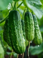 Fresh green cucumbers with water drops growing on vine in garden, macro photography showing detailed texture of organic vegetables in natural light.