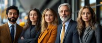 Diverse business team of professionals in formal attire standing together in modern office space, representing leadership and corporate success.