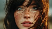 Young woman with freckles and striking blue eyes in golden sunlight. Natural beauty portrait with windswept brown hair for lifestyle and fashion content.