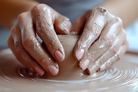 Female hands shaping wet clay on pottery wheel, close-up view showing detailed process with clay-covered fingers and fresh manicure working on ceramic piece.