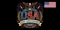 USA 250th anniversary 2026 celebration emblem with eagle, fireworks and American flag on black background for patriotic Independence Day designs.