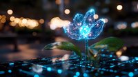 Glowing blue digital flower emerges from circuit board with bokeh lights in background, combining nature and technology in futuristic cyberpunk style.