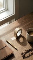 Minimalist workspace with coffee cup, washi tape, pen and glasses on wooden desk near window with natural sunlight for productivity and organization.