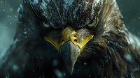 Close-up portrait of majestic eagle head with piercing yellow eyes and sharp beak against dark background with falling snow creating dramatic wildlife atmosphere.