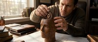 Senior Caucasian craftsman carving detailed wooden sculpture with traditional tools in warm workshop setting. Artisan woodworking and handmade craftsmanship concept.