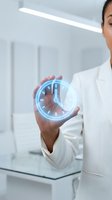 Businesswoman holding glowing neon clock hologram in modern office environment, representing time management, deadline scheduling, and digital technology solutions.