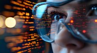 Close up view of protective eyewear reflecting digital code and data streams with glowing orange and blue technology elements against dark background.