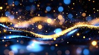 Magical glowing waves with golden and blue bokeh lights on dark background create dreamy abstract pattern for festive designs and celebrations.