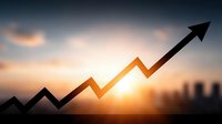Business growth arrow pointing upward against sunrise sky with city skyline, symbolizing success, progress, and financial achievement in corporate development.