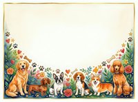 Adorable dogs border frame with floral elements and paw prints on cream background. Golden retriever, beagle, corgi, french bulldog arrangement for pet designs.