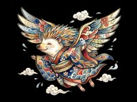 Cute fox character with ornate patterned wings and flowing robes, surrounded by clouds, isolated on transparent background. Ready for t-shirt design, stickers, clipart, sublimation, and print-on-demand products.