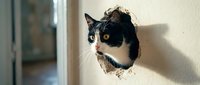 Black and white cat peeking through hole in white wall, curious feline looking through damaged drywall opening, playful pet exploring home interior.