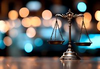 Scales of justice on reflective surface with soft bokeh lights in blue and gold tones creating atmospheric legal concept background.