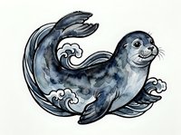 Playful seal with flowing tail and decorative water waves, rendered in watercolor style with blue and gray tones on isolated white background for design projects.