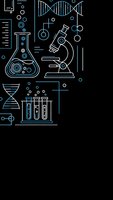 Science laboratory equipment line art illustration with microscope, DNA helix, test tubes and molecular structures on black background for educational materials.