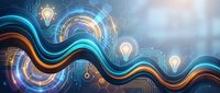 Abstract digital wave with glowing light bulbs and circuit patterns representing innovation, technology and creative ideas for business presentations.