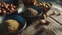 Assorted spices and nuts in rustic bowls on wooden table, creating warm culinary atmosphere for cooking and baking.