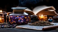 Mystical glass jar filled with glowing purple crystals alongside dried herbs, burning candles and open ancient books creating magical atmosphere.