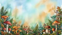 Watercolor illustration of enchanted forest floor with various mushrooms, toadstools, and lush foliage in warm and cool tones, suitable for children's book illustrations and fantasy artwork.
