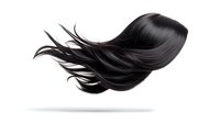 Flying black hair strands with smooth glossy texture and natural wave movement isolated on white background for beauty and hairstyling projects.