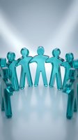 Translucent turquoise figures holding hands in circle formation representing teamwork, unity and collaboration for business and community concepts.