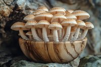 Fresh mushrooms growing in wooden bowl against natural background, macro photography with selective focus on fungi caps and stems. Nature food concept.