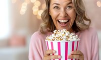 Excited Caucasian woman in pink sweater laughing while holding striped container with popcorn against blurred bokeh lights background. Entertainment and movie night concept.