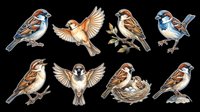 Watercolor birds collection featuring sparrows, finches, and jays in various poses isolated on transparent background, ready for t-shirt designs, clipart, stickers, and print-on-demand projects.