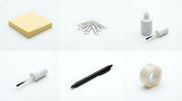 Office supplies collection with sticky notes, paper clips, correction fluid, pen and tape on white background for business workspace design.