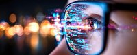 Computer code reflection in eyeglasses lens with blurred city lights bokeh background creating futuristic cybersecurity concept panoramic view.