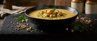 Creamy lentil soup with herbs and spices in black bowl on dark slate surface, healthy comfort food for restaurant menus and cooking blogs.