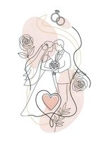 Romantic wedding couple line art with roses and rings on soft pink background for invitations and celebration designs.