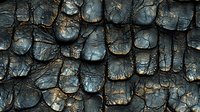 Charred wood texture showing deep cracked pattern with dark blue tones and rough surface. Natural burnt wooden background with detailed grain structure and organic shapes.