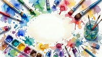 Watercolor paints, brushes, and art supplies arranged in circle on white background with colorful paint splashes and water container for creative projects.