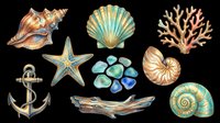 Watercolor sea life collection featuring conch shell, scallop, starfish, anchor, coral, nautilus, sea glass, driftwood, and ammonite isolated on transparent background. Ready for t-shirt designs, clipart, stickers, sublimation, and print-on-demand products.