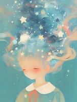 Dreamy illustration of young girl with flowing blonde hair filled with stars and cosmic elements against turquoise background, wearing peter pan collar with red bow.
