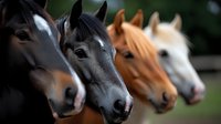 Row of four horse heads in profile showing different coat colors - black, dark bay, chestnut, and white. Natural lighting creates dramatic depth and detail in equine features.