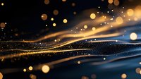 Glowing golden waves with bokeh lights and sparkles on dark background create magical atmosphere for festive designs and luxury backgrounds.