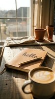 Cozy morning workspace with a hello notebook, pencil, latte art coffee cup, and terracotta pots on a rustic wooden table by a sunny window.