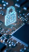 Glowing blue padlock hologram on computer circuit board representing cybersecurity data protection and digital privacy technology concepts.