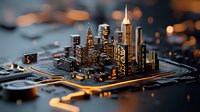 Futuristic cityscape emerging from circuit board with glowing skyscrapers and electronic pathways in golden hour lighting creates modern technology concept.